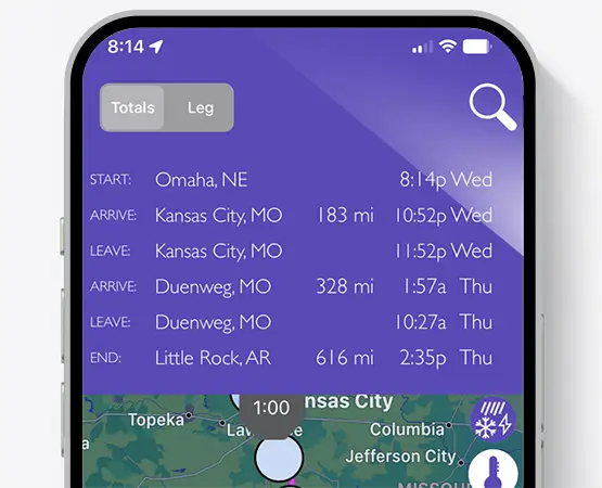 Road trip driving summary with distances and arrival times