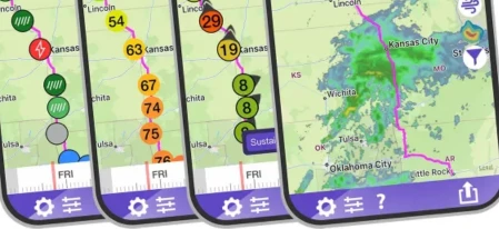 Drive Weather route forecast screens showing temperature and radar points along a route, read at a glance