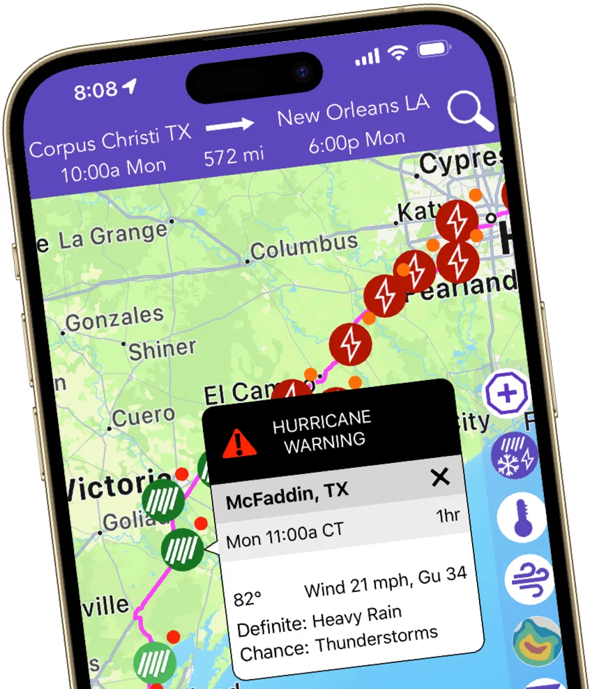 Weather warnings and watches shown along a route