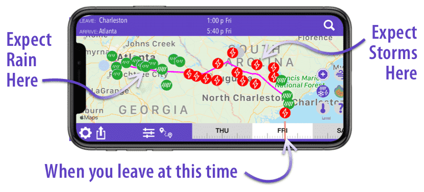 Drive Weather app showing road weather along a route