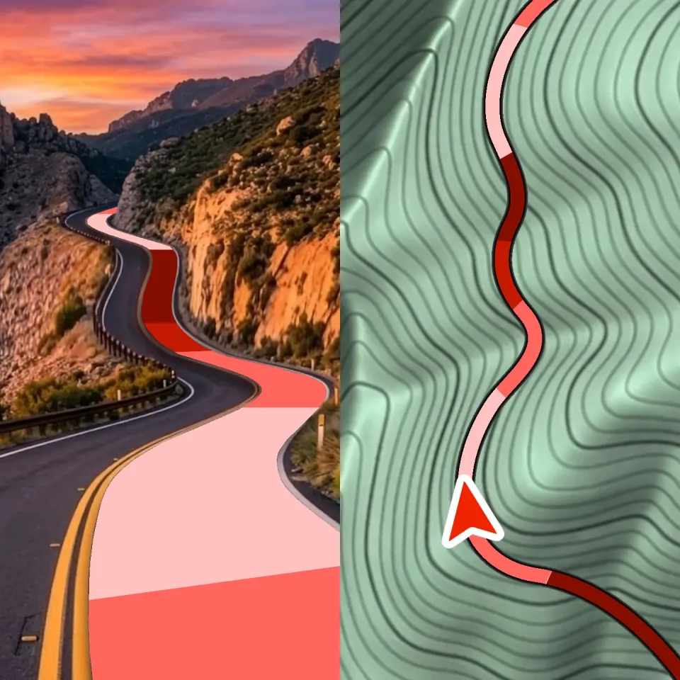 Road grade and steep mountain descents highlighted along a route