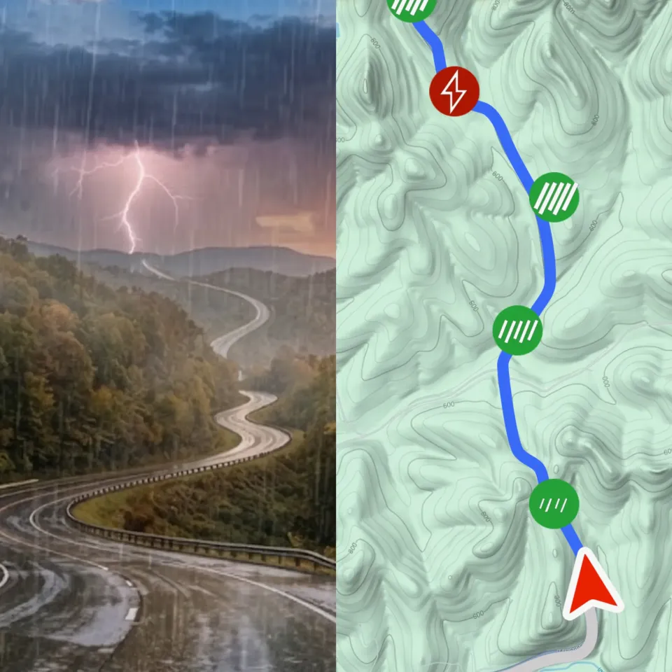 Road weather forecast along a route in the Drive Weather app