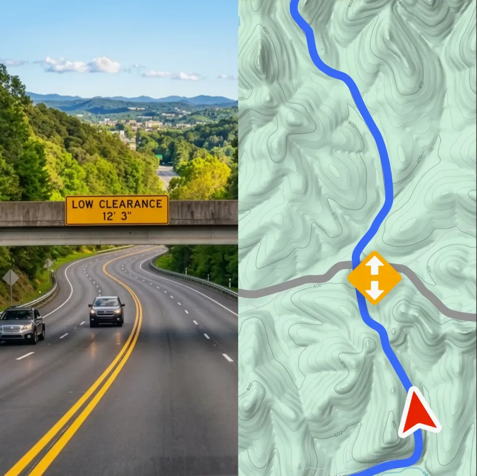Low clearance bridge warning on a truck and RV route