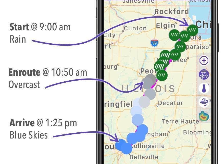 road trip weather on your route by time